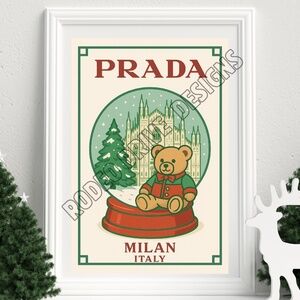 Prada Inspired Milan Italy Teddy Bear Snow Globe Art Print 11x17